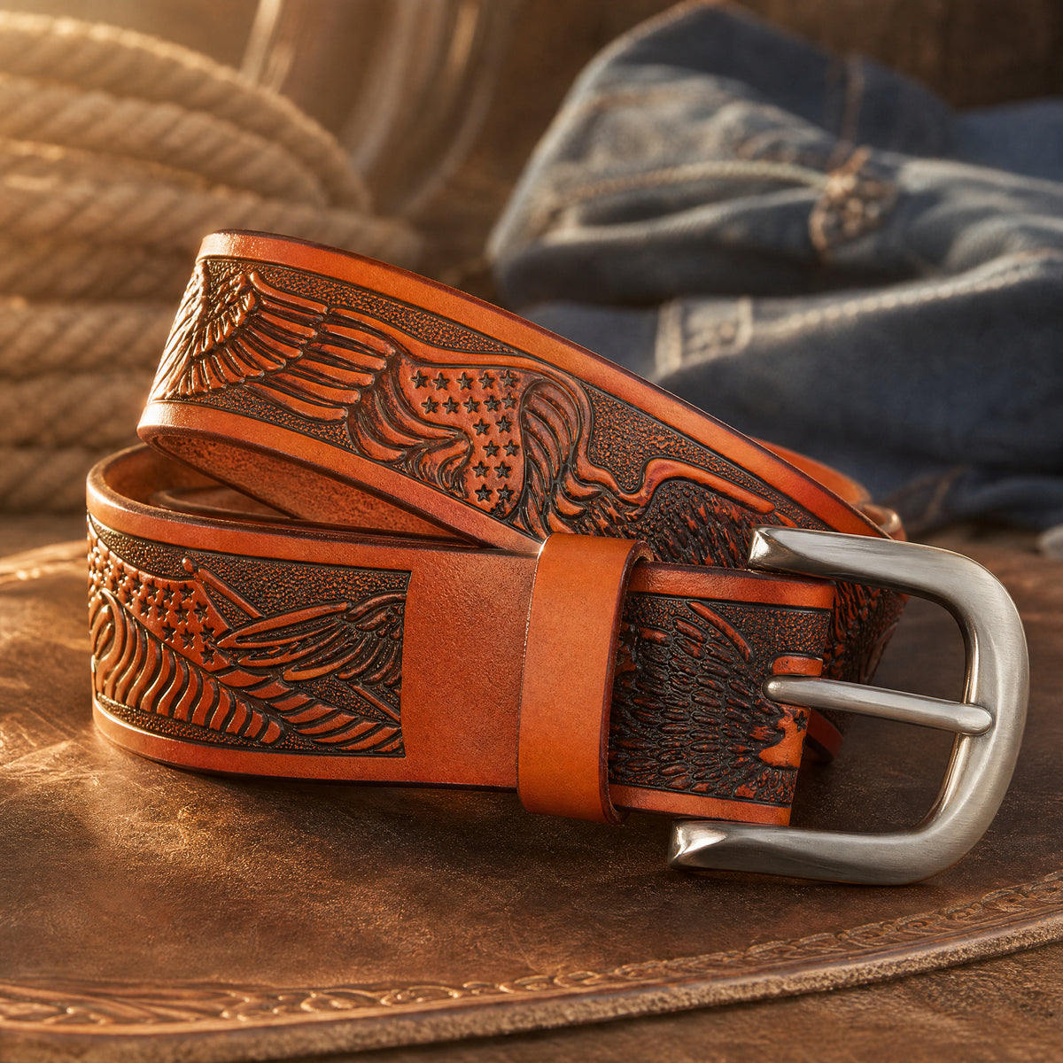 Aransas Tooled Full-Grain Leather Belt in Tan