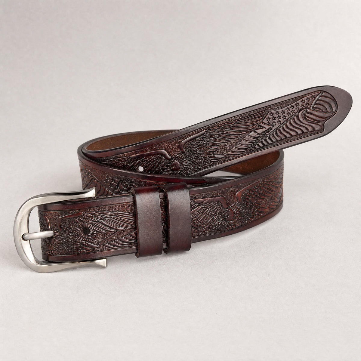 Calhoun Tooled Full-Grain Leather Belt in Brown