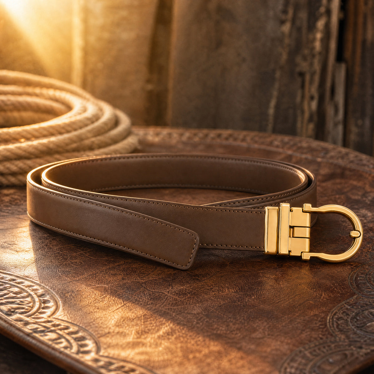 Cameron Full-Grain Leather Belt in Brown Gold