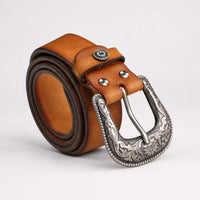 Driftwood Tooled Full-Grain Leather Belt in Tan