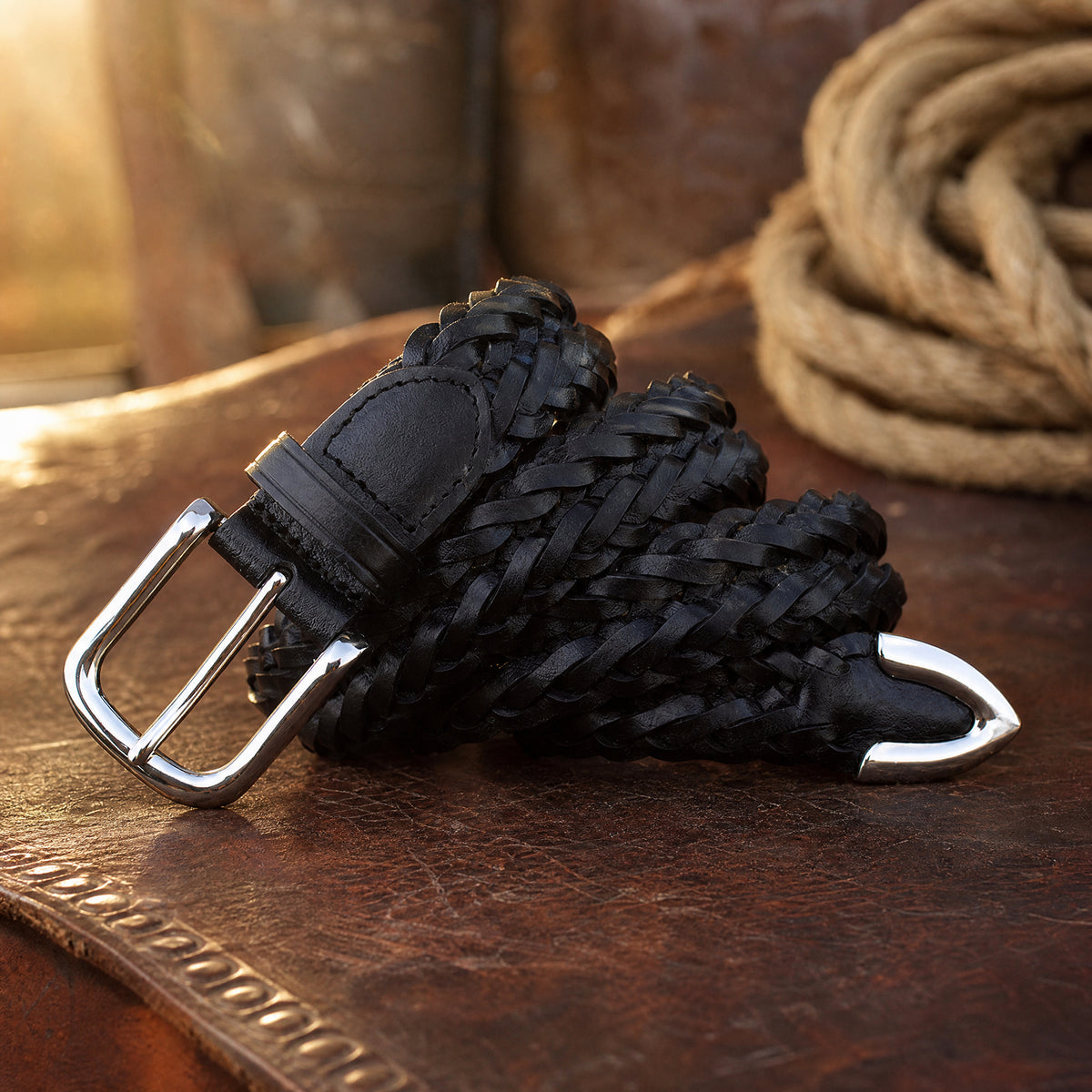 Duval Braided Full-Grain Leather Belt in Black