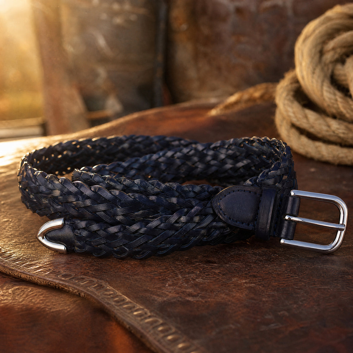 Duval Braided Full-Grain Leather Belt in Navy