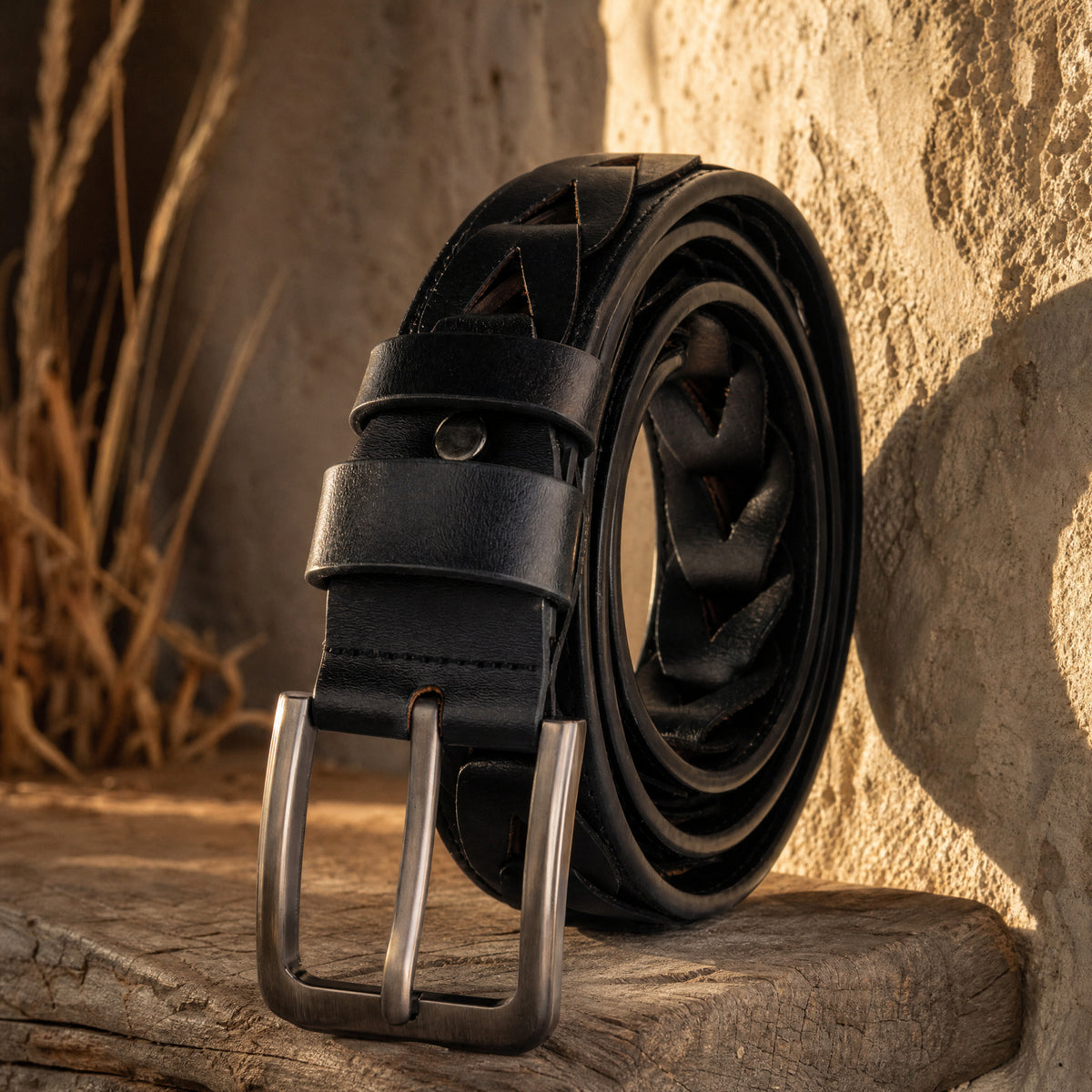 Erath Woven Full-Grain Leather Belt in Black Gunmetal
