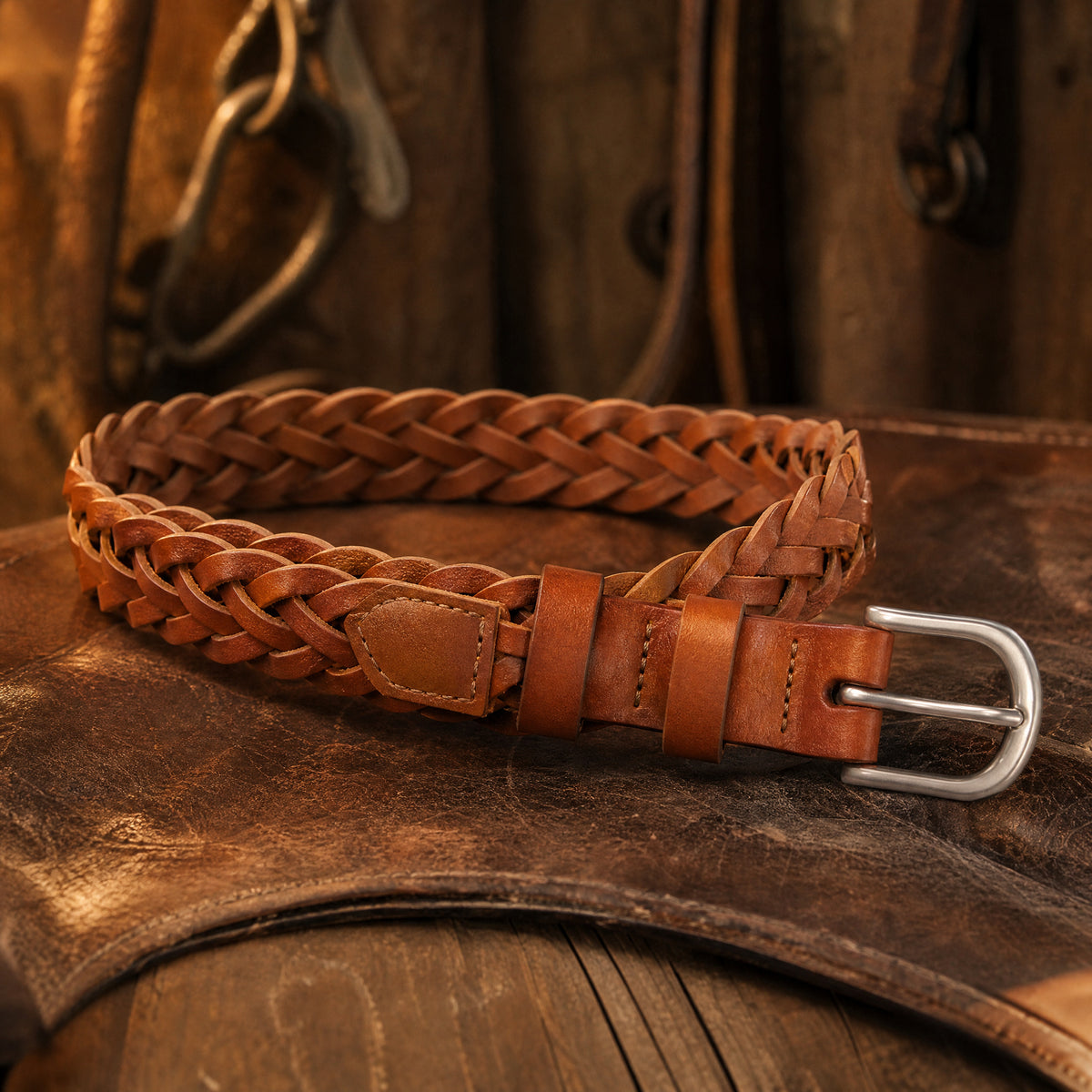 Fisher Woven Full-Grain Leather Belt in Brown