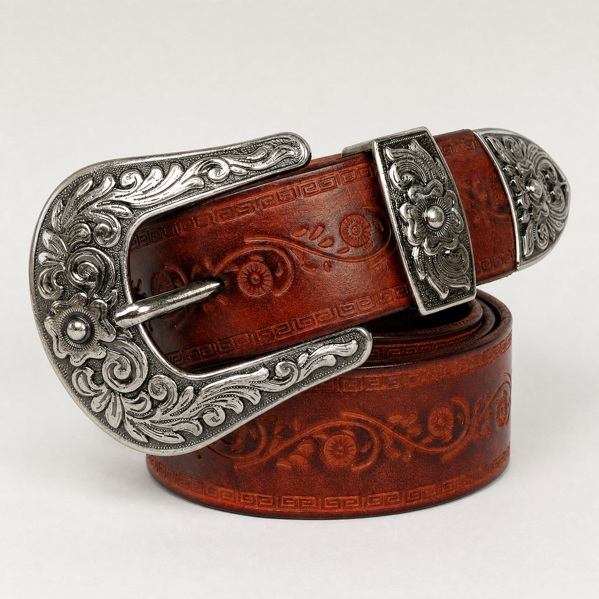 Hamlin Tooled Full-Grain Leather Belt in Brown