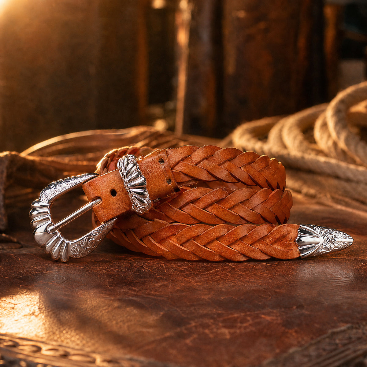 Henrietta Braided Full-Grain Leather Belt in Chestnut