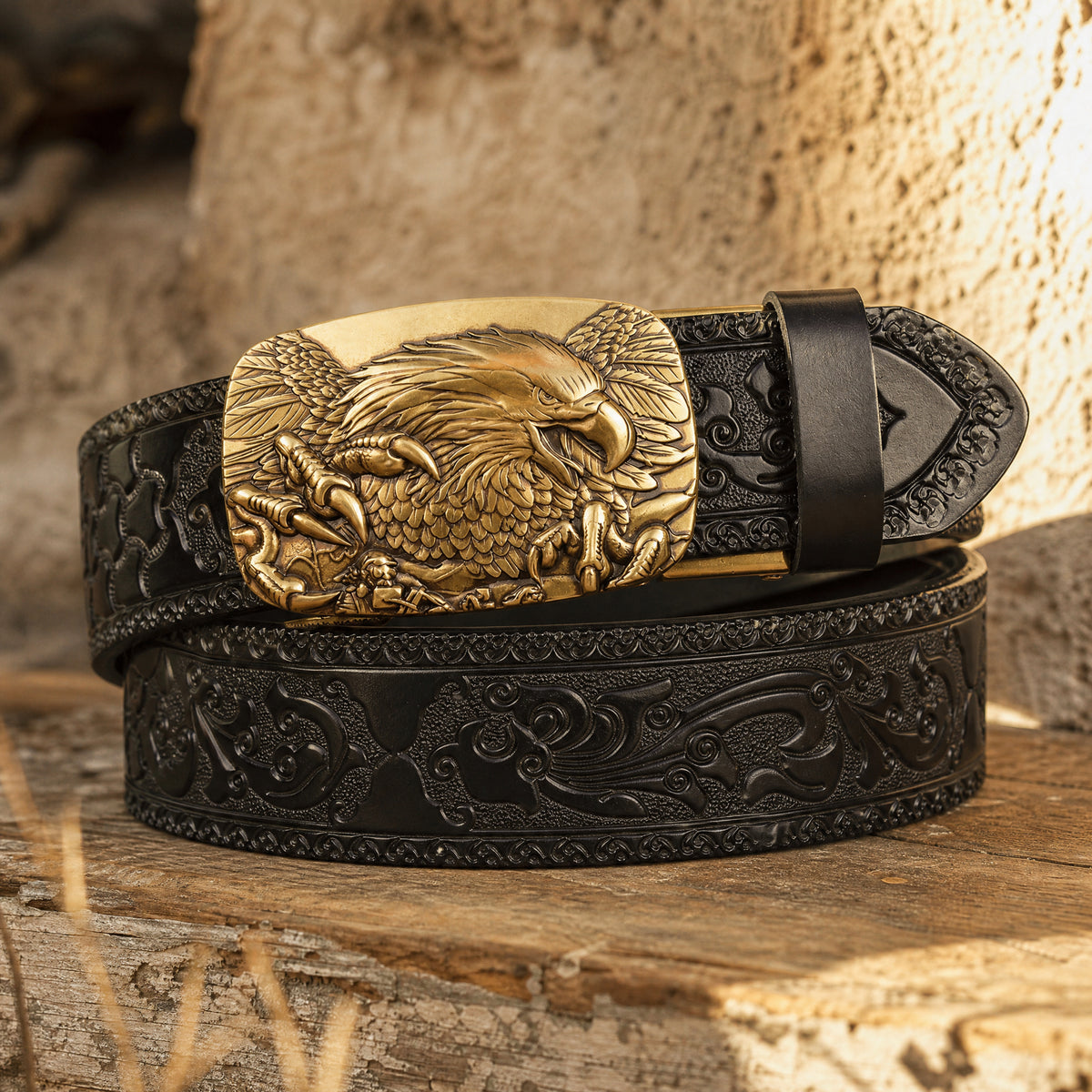 Matagorda Western Full-Grain Leather Belt in Black Gold