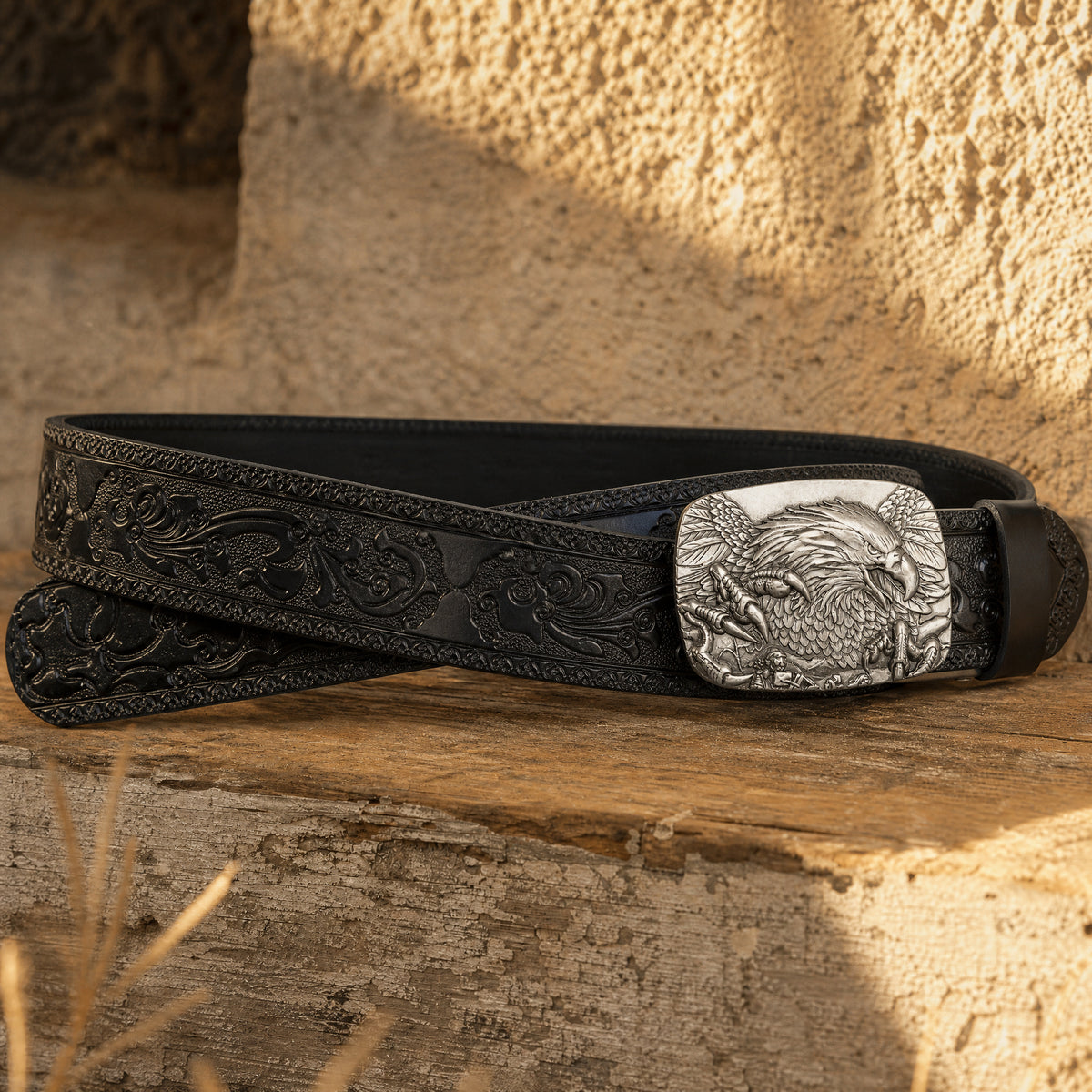 Matagorda Western Full-Grain Leather Belt in Black Silver