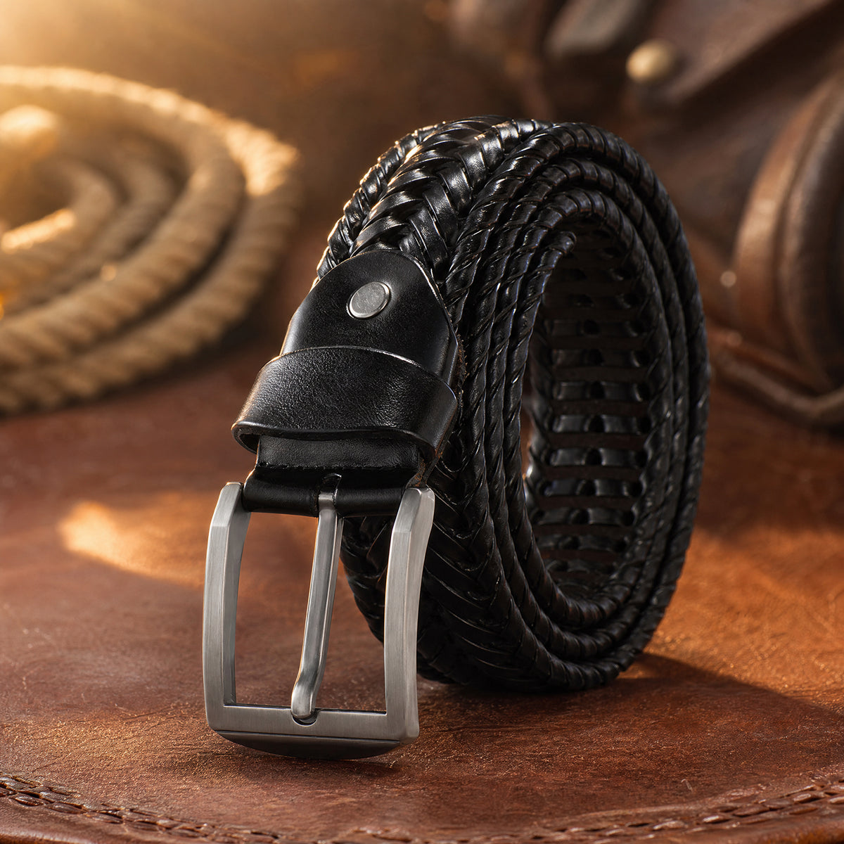 Runnels Woven Full-Grain Leather Belt in Black