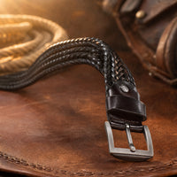 Runnels Woven Full-Grain Leather Belt in Dark Brown
