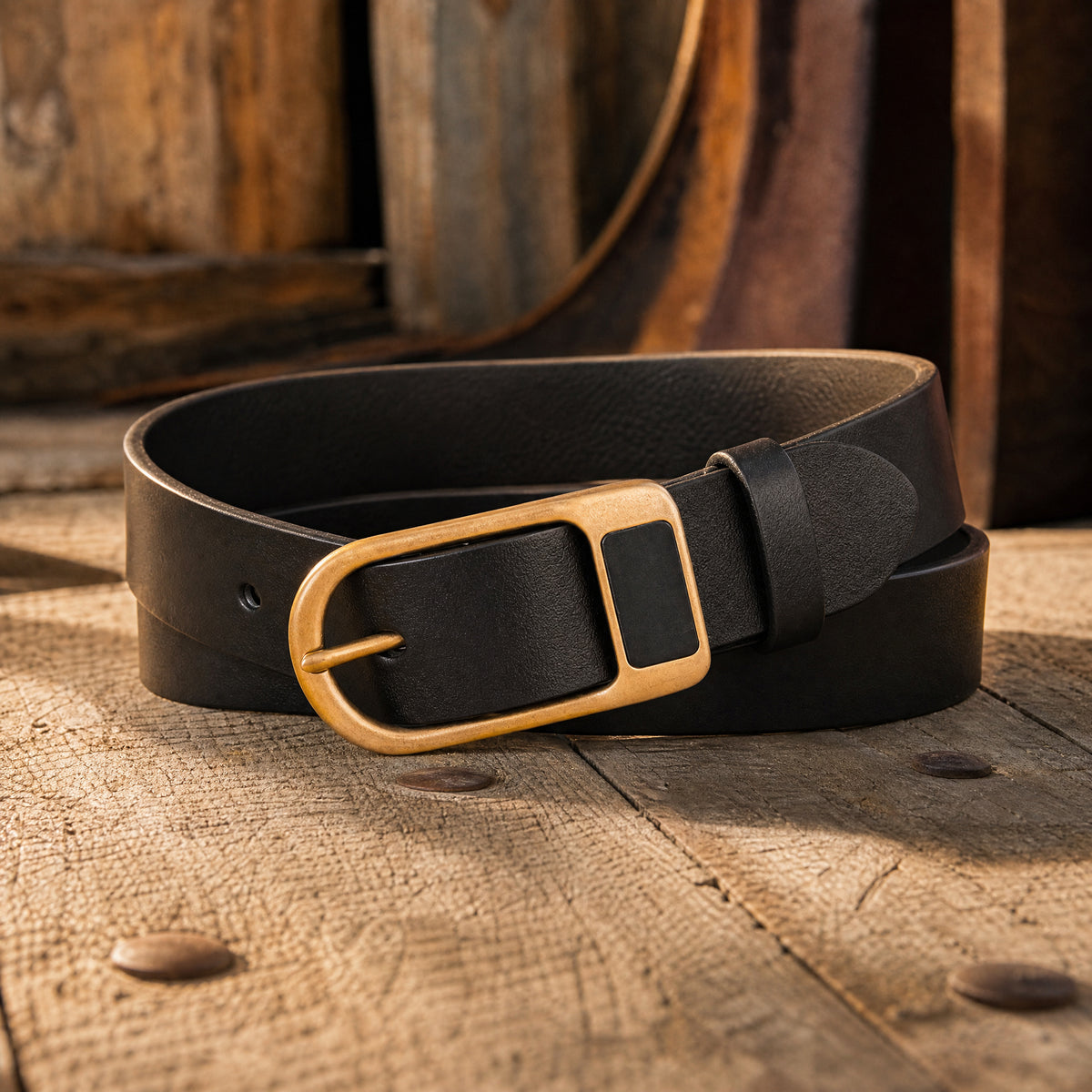 Troy Full-Grain Leather Belt in Black Brass