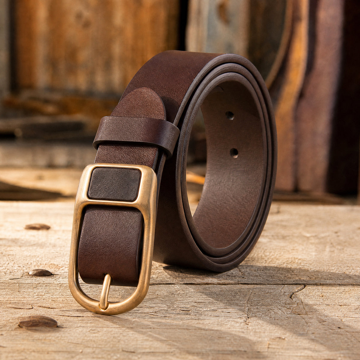 Troy Full-Grain Leather Belt in Brown Brass