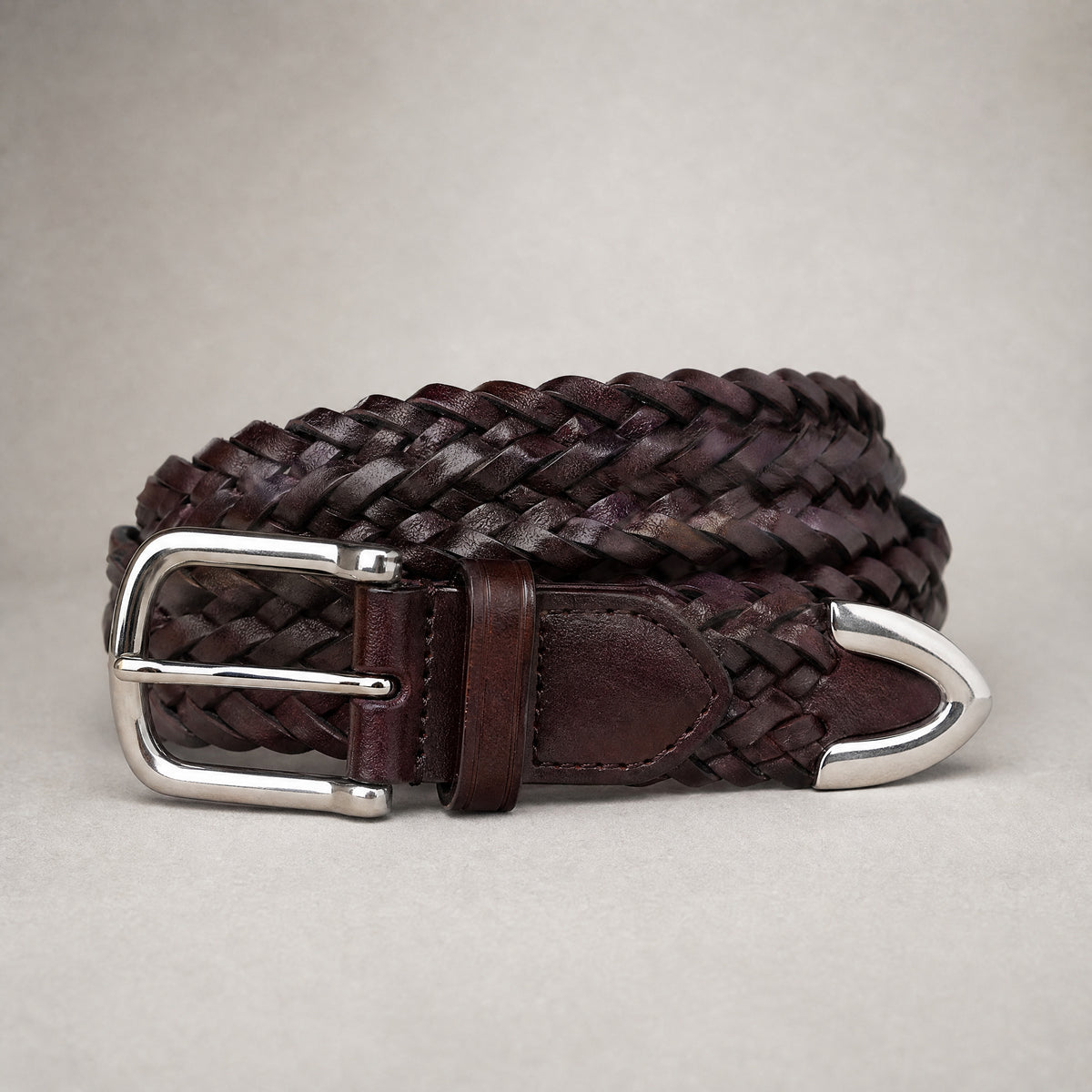 Webb Braided Full-Grain Leather Belt in Brown