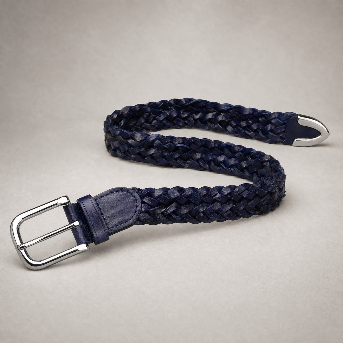 Webb Braided Full-Grain Leather Belt in Navy