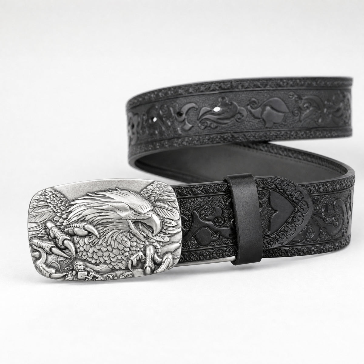 Wharton Western Full-Grain Leather Belt in Black Silver